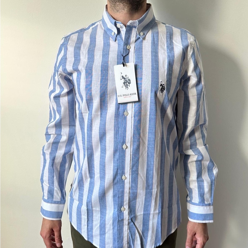 Custom-Fit Linen U.S. Polo Long Sleeve Shirt - Blue & White Stripes, Size S